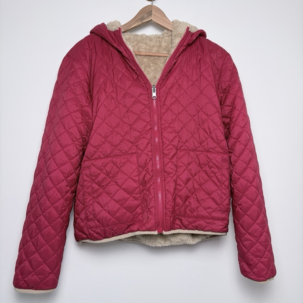 ZYIA Active Red Quilted Sherpa‎ Reversible Jacket Sz L Hood Spring Transition